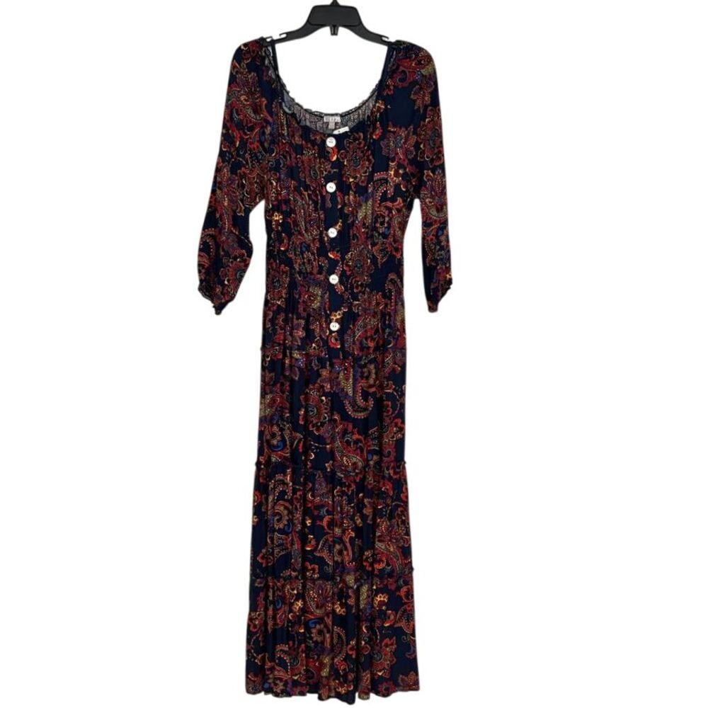 1775 Boho Paisley Print Maxi Dress Button Front 3/4 Sleeve Navy Multi Floral NWT